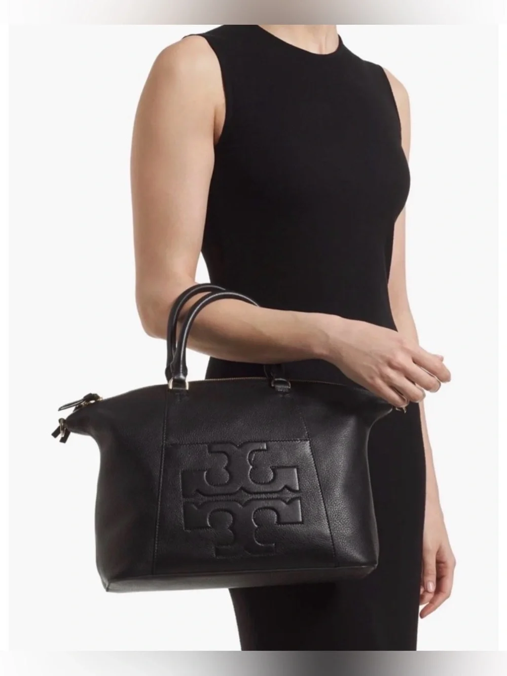 Tory Burch Bombe T Slouchy Satchel Soft Pebbled Leather Black VGUC